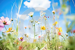 wideangle shot of diverse wildflowers with blue sky