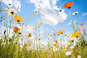 wideangle shot of diverse wildflowers with blue sky