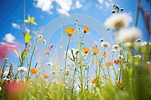 wideangle shot of diverse wildflowers with blue sky