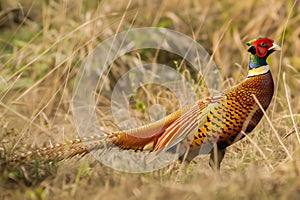 wideangle shot of a golden pheasant walking through tall grass