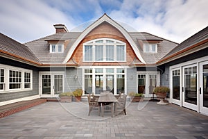 wideangle shot, luxury gambrel abode, shingle patterns