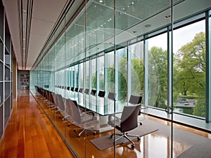 Wideangle shot of modern glass partitioned office