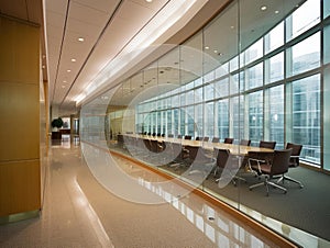 Wideangle shot of modern glass partitioned office