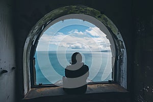 wideangle shot of a person gazing out to a calm blue sea from lighthouse window