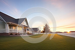 wideangle shot of a prairie neighborhood at sunrise