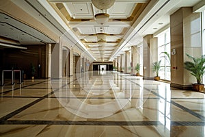 wideangle view of a spacious, unoccupied hotel lobby with marble floors