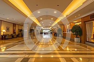 wideangle view of a spacious, unoccupied hotel lobby with marble floors