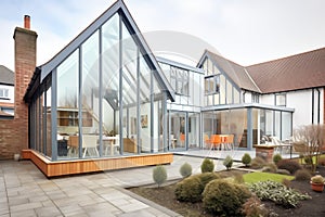 wideangle view of tudor house with modern glass extension