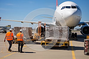 Widebody cargo airplane loading before flight. Generative AI photo