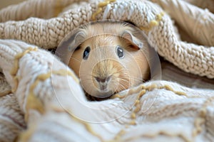 wideeyed guinea pig peeking from a blanket, soft texture