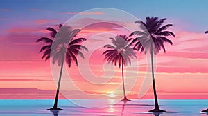 Wideformat tropical sunset with radiant palm silhouett.