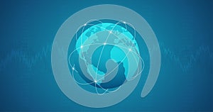 Widescreen Abstract financial graph with candlestick chart in stock market and wireframe globe on blue color background