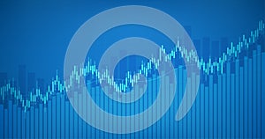 Widescreen Abstract financial graph with uptrend line and candlestick chart of stock market in blue color background