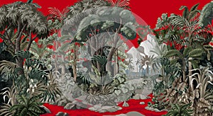 Widescreen jungle landscape with mountane, river and trees on the red background. Vector. photo