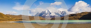 Widescreen panorama with rock towers in the Torres del Paine mountain massif, Chile, Patagonia