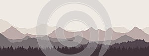 Widescreen realistic illustration of mountain landscape with forest and hills under retro gray sky and fog, vector suitable as