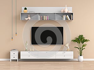 Widescreen TV and sideboard in living room, 3D rendering