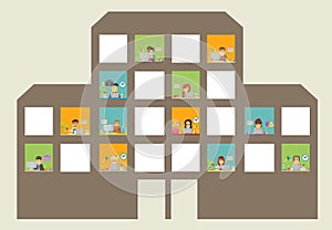 Widows with cartoon business people working.