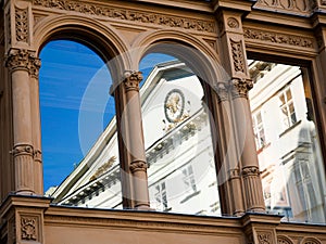 Wien/Austria - june 3 2019: reflection of the facade of a palace over the Windows of other palace