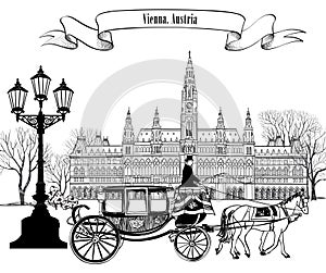 Wien city street view with rathaus and carriage.