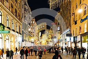 Wien KÃÂ¤rntner Strasse downtown Vienna, Austria. Illuminated shopping street during Christmas Time