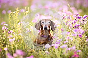 Wiener dog sitting in a patch of purple flowers