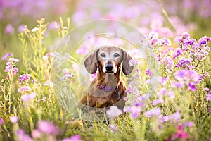 El perro en yeso de púrpura flores 