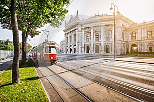 Wiener Ringstrasse with Burgtheater and tram at sunrise, Vienna, Austria