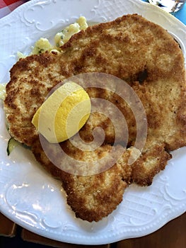 Wiener schnitzel with Kartoffelsalat, traditional german potato salad