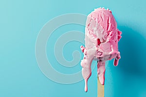 Wierd home made strawbery ice cream on the stick isolated on a blue background photo