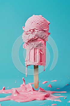 Wierd home made strawbery ice cream on the stick isolated on a blue background photo