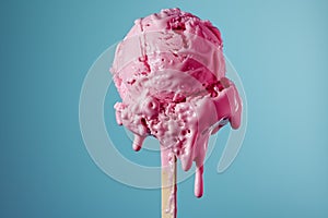 Wierd home made strawbery ice cream on the stick isolated on a blue background photo