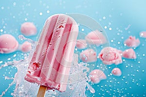 Wierd home made strawbery ice cream on the stick isolated on a blue background photo