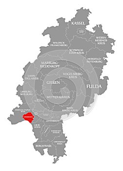 Wiesbaden county red highlighted in map of Hessen Germany