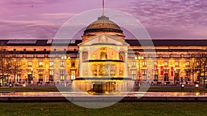 Wiesbaden Kurhaus and Casino Building with the colors of the sunset, in a winter day