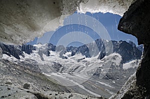 Wiev from ice cave above Talefre glacier in the French Alps