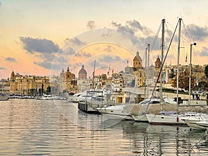 Wiew of the ships near the old town of Bormla. Embankment of Valletta. The capital of the archipelago of Malta