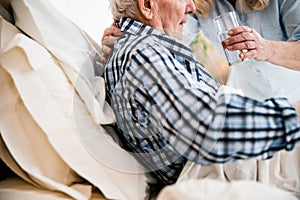 Wife giving pills and water to her husband