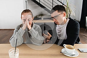 Wife offended by husband, man asks for forgiveness. Angry depressed young woman has no desire to talk, listening to lies