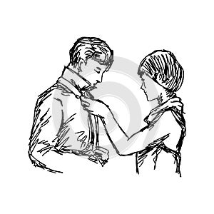 Wife tying necktie of her husband vector illustration sketch han