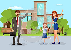 Wife Waving to Husband Flat Vector Illustration