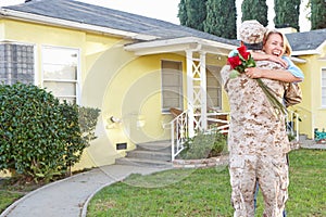 Wife Welcoming Husband Home On Army Leave