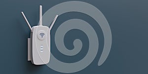 WiFi extender, wireless repeater isolated on blue wall. Internet booster, white, close up. 3d render