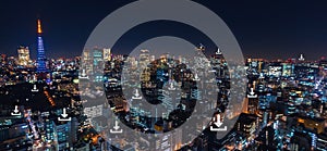 Wifi icon and city scape and network connection concept, Smart city and wireless communication network.