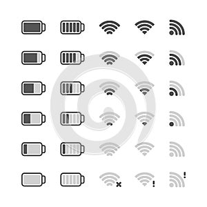 Wifi icon. digital ui symbols of battery charging and internet digital wireless connection wifi signal. vector set