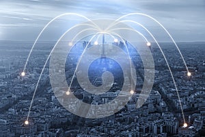 Wifi icon and Paris city with network connection concept, Paris smart city and wireless communication network