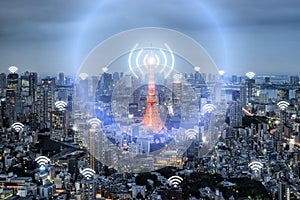 Wifi icon and Tokyo city with network connection concept, Tokyo
