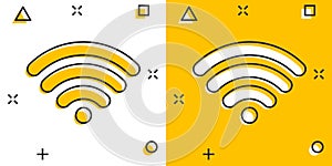 Wifi internet icon in comic style. Wi-fi wireless technology vector cartoon illustration pictogram. Network wifi business concept