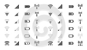 Wifi level icons, signal strength indicator, battery charge photo