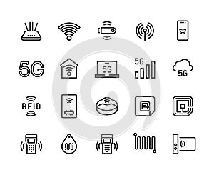 WiFi line icons. 5G Wireless technology and radio-frequency identification tags, WiFi router and electric circuit